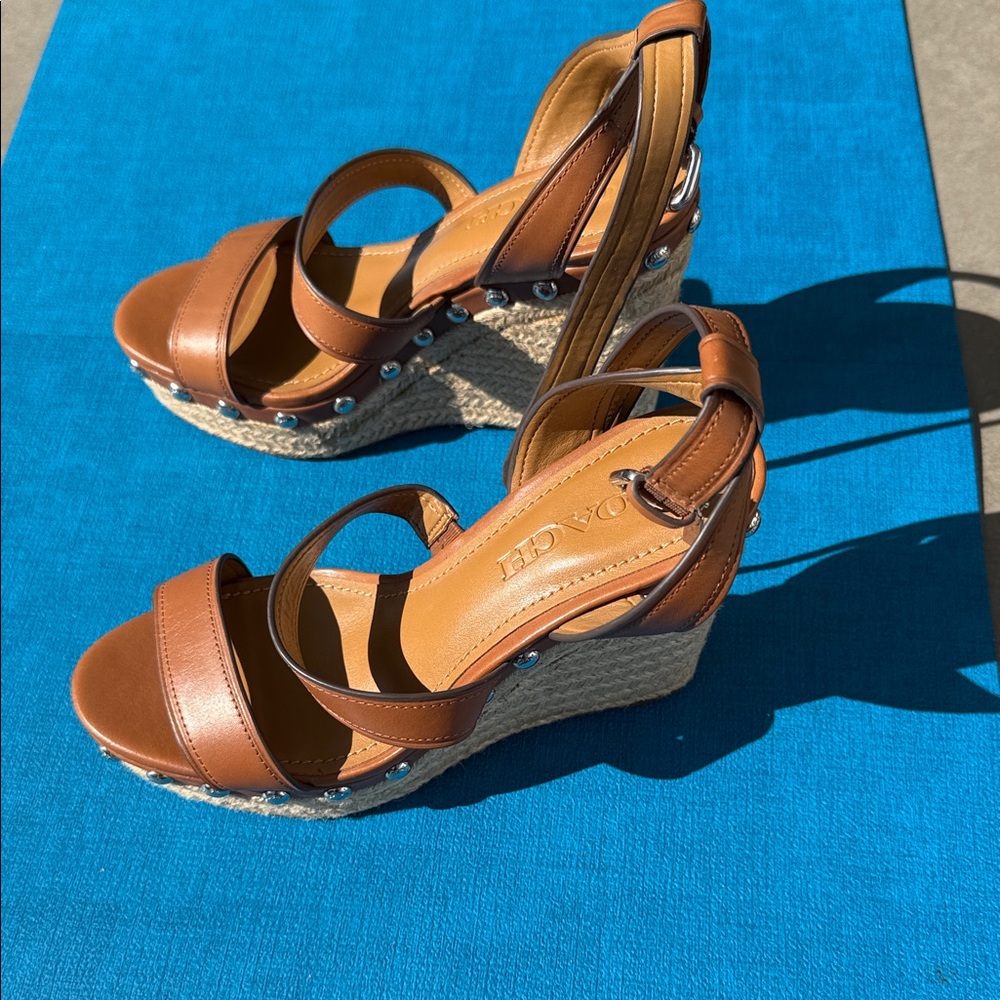 Coach Brown Leather Espadrille Wedge Sandals